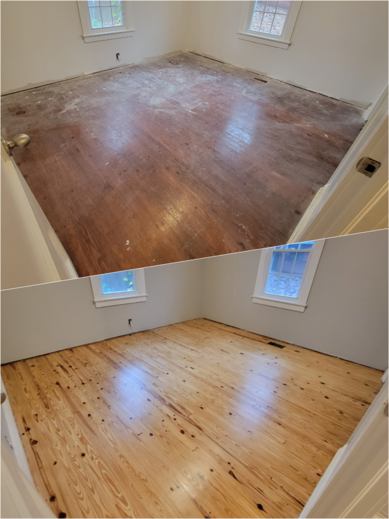 Lakeside Hardwood Floors, LLC hardwood floor refinishing picture, before and after.